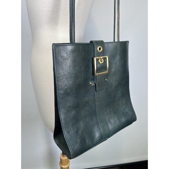 Wilson’s Leather Tote Bag Green Buckle Pebbled Shoulder Purse Y2K Academia Vtg - Picture 2 of 13